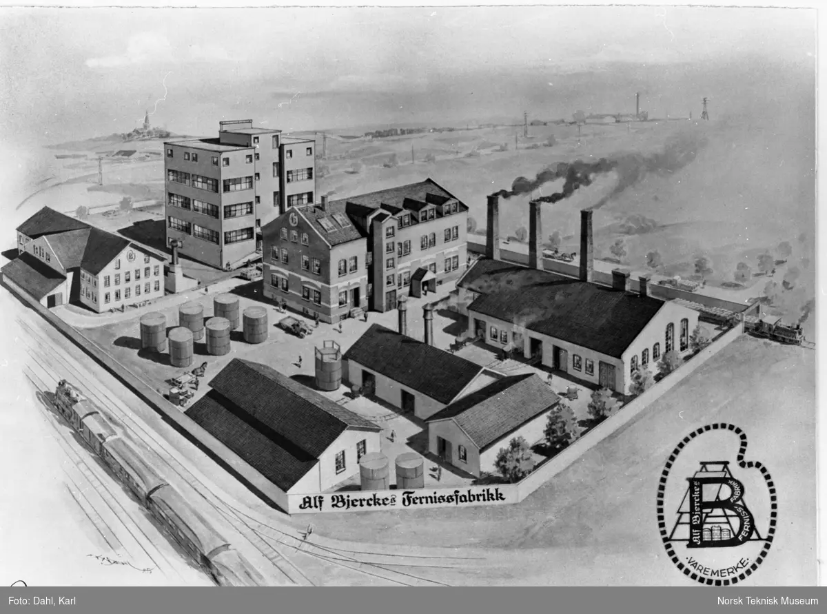 Alf Bjerckes fabrikk på Alnabru ca 1925, innrammet reprofoto
