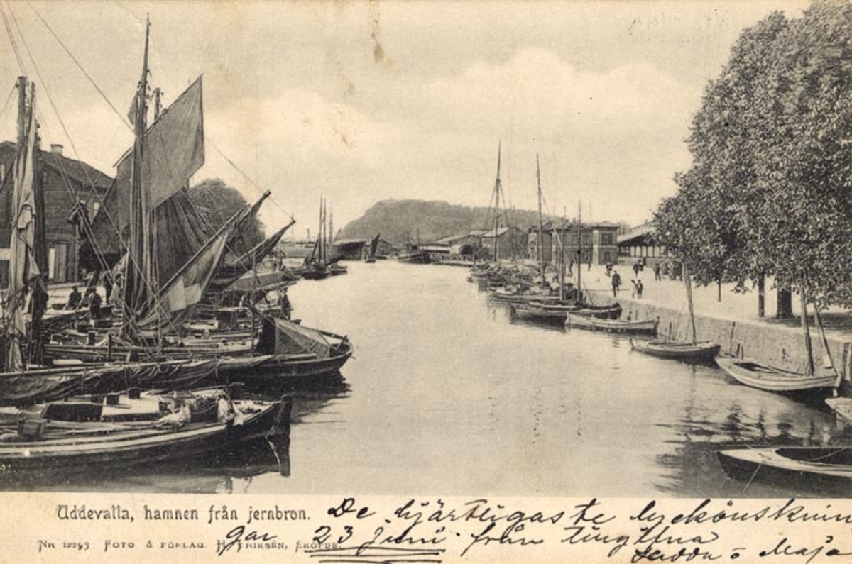 Tryckt på kortet: "Uddevalla, hamnen från Jernbron."