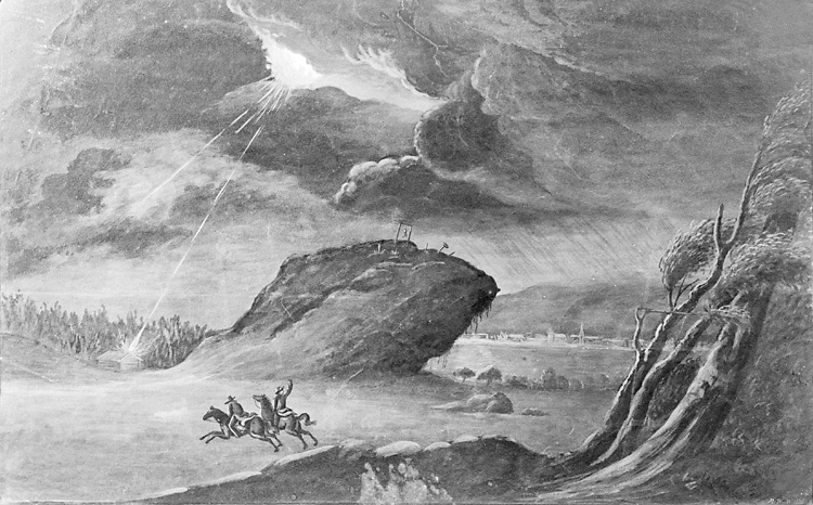 Enligt tidigare notering: "Avfotografering av målning, signerad R W W 1827. Motiv dramatisk landskap med åskväder, ryttare i förgrunden. Tillhörande fru Bildt, Kårehogen."