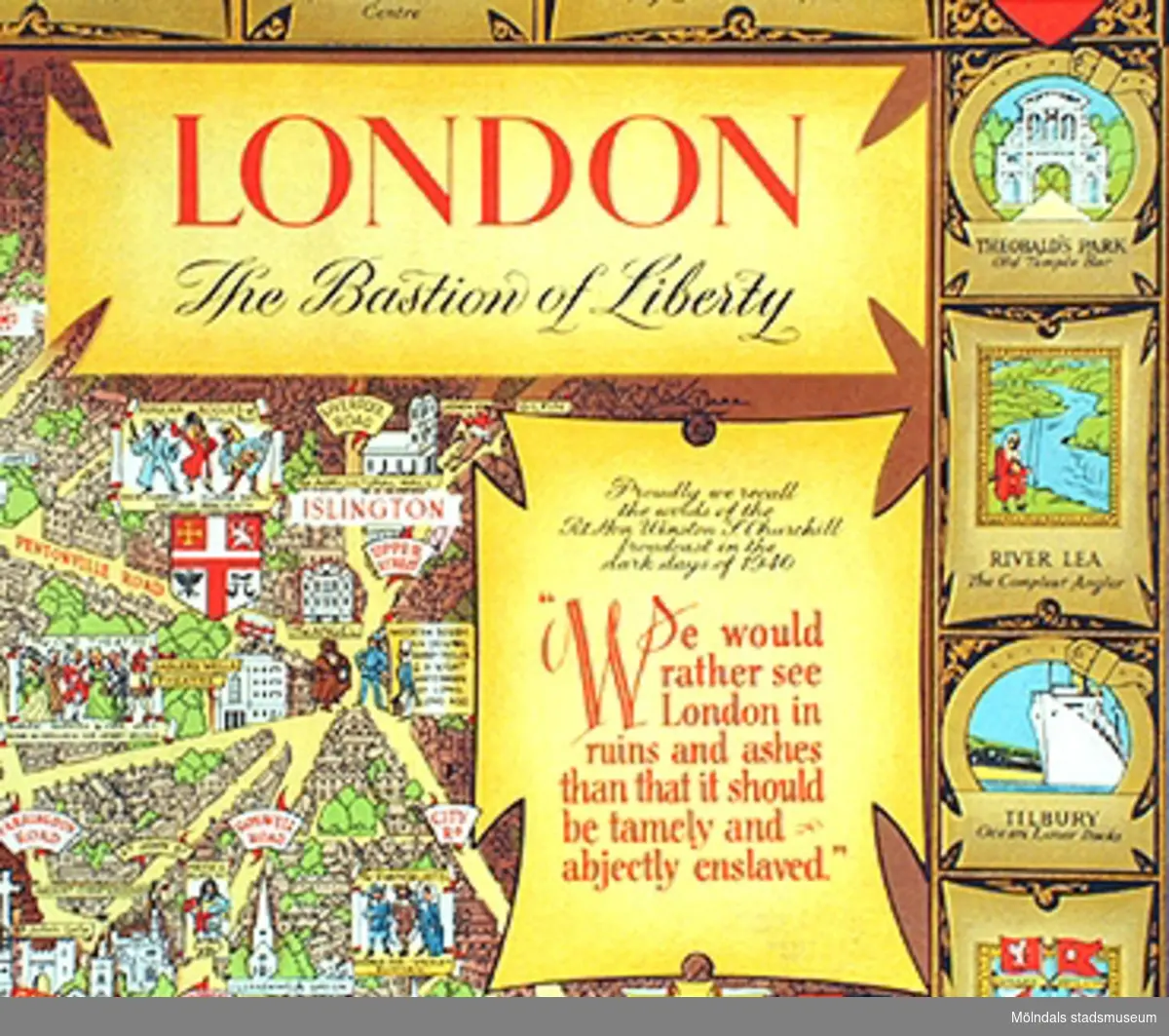 Skolplansch "London - The Bastion of Liberty", märkt nr 33.Illustration av London.33b. Bild 2 visar en närbild av det övre högra hörnet.