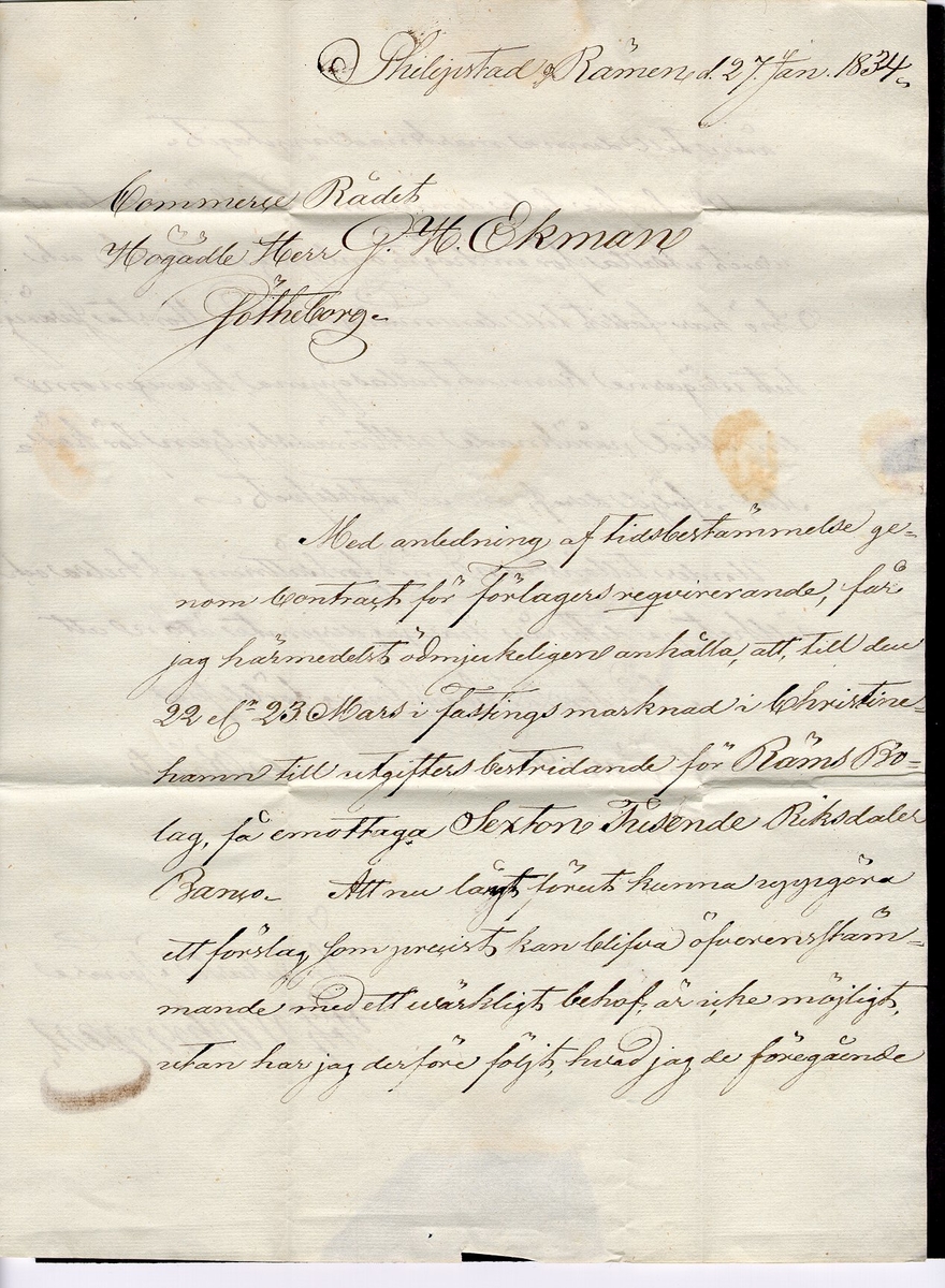 Förfilatelistiskt brev skickat från Filipstad 27 januari 1834 till Kommersrådet G. H. Ekman i Göteborg.

Stämpeltyp: Bågstämpel