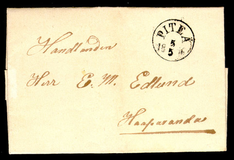 Albumblad innehållande 1 monterat ofrankerat brev

Text: Brev från Piteå den 5 maj 1856 till Haparanda

Stämpeltyp: Normalstämpel 10  typ 1