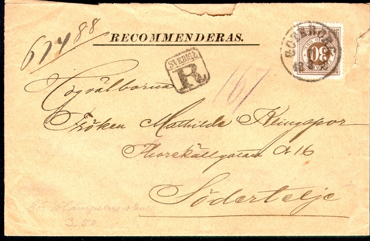 30 öre on registered letter from Göteborg 1888, August 7 (normal
cancellation 10) to Södertälje.  Single inland rate and charge for
registration 1871-1884.

Etikett/posttjänst: Rekommenderat

Stämpeltyp: Normalstämpel 10