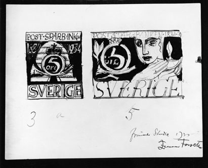 Skisser till frimärke Postsparbankens 50-årsjubileum, utgivet 6/12 1934. Konstnär: Einar Forseth. Valör 5 öre.