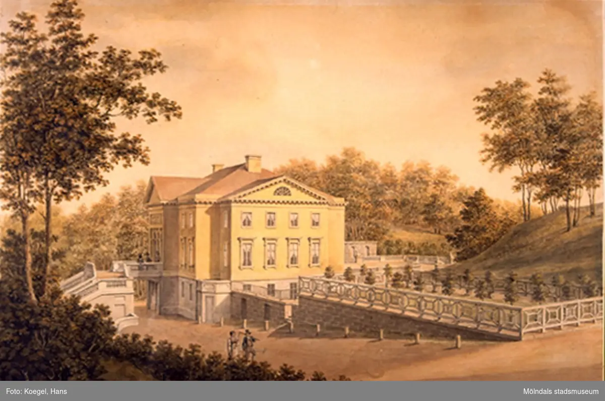 Akvarell föreställande Gunnebo slott, avfotograferad 1997.  Akvarellmålning från cirka 1790-1827 av konstnären Justus Fredrik Weinberg, signatur J. F Weinberg.