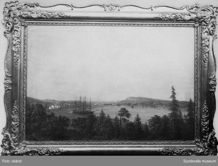 Sundsvalls hamn, efter oljemålning, omkring 1850. 
