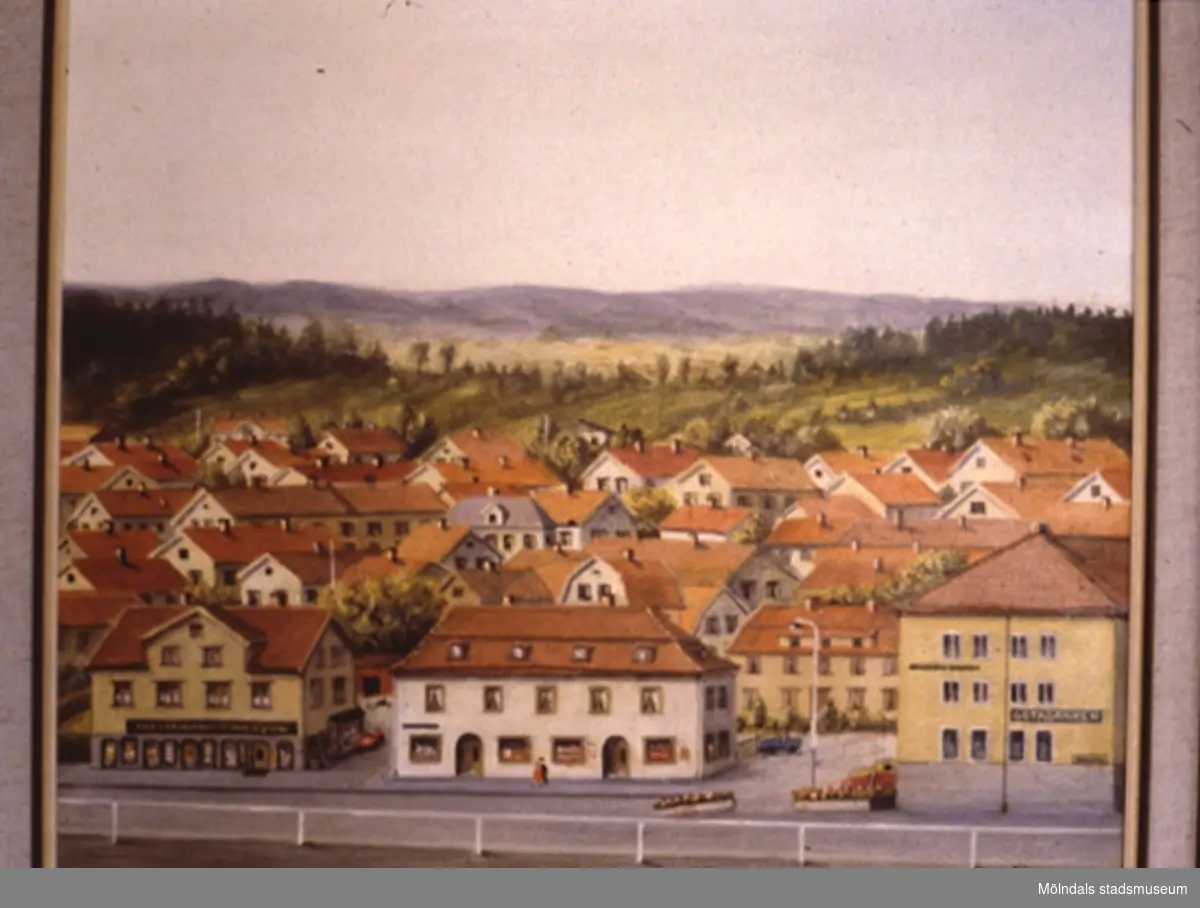 Stadsvy över Mölndal.
En tavla målad av den naivistiske mölndalskonstnären Knut Berg.