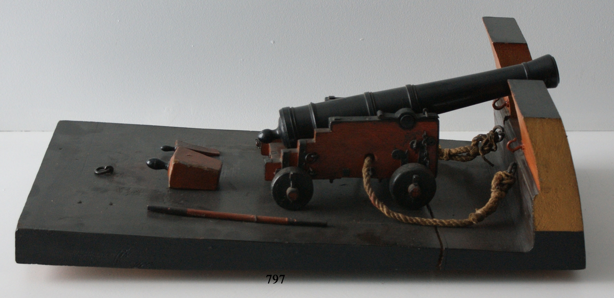 Kanonmodell: 18-pundig styckelåda, med kanon av Tornqvist modell 1757. Lavetten av trä med beslag av järn. Kanonen av trä. Lådan röd, kanon och beslag svartmålade. Tillbehör: 1 st brok, 2 st spaker, 1 st riktkil. Lavetten L = 512 mm B = 275 mm H = 170 mm.
