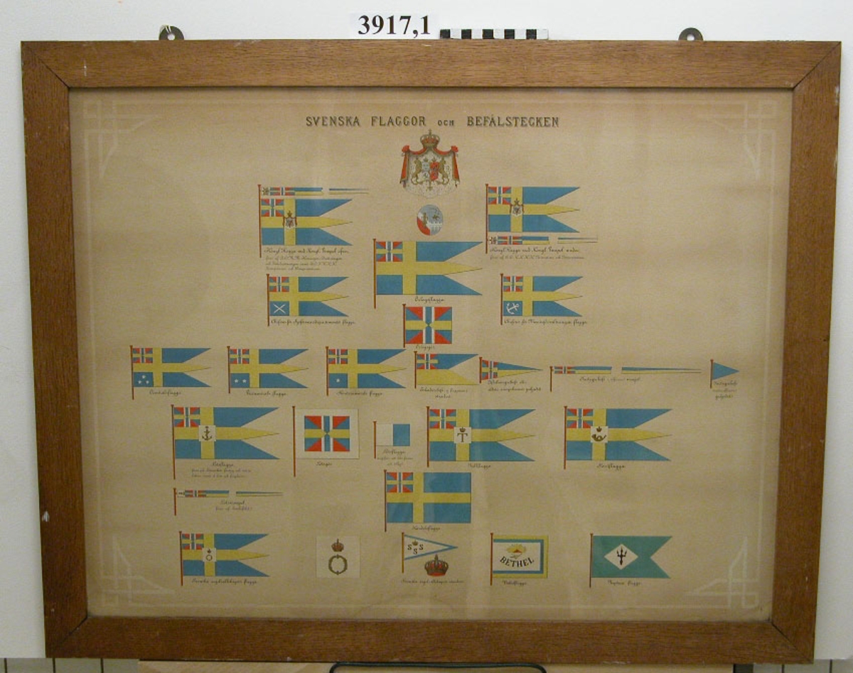 Plansch, inom glas och ram, som visar svenska flaggor och befälstecken. Tryckt och färglagd. Tillkommen efter år 1844 men före 1905. Flaggor och vimplar har det nya unionsmärketNeg.