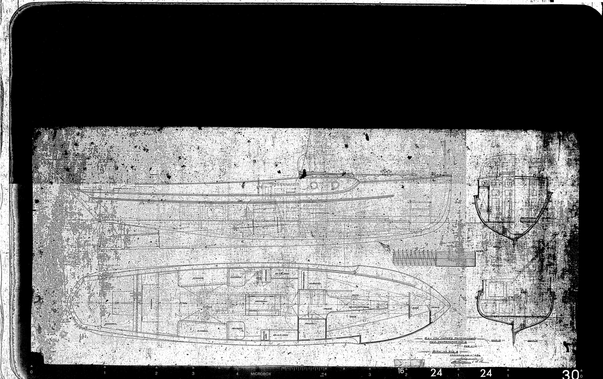 Profil, plan och sektion till motorbåt ritad av C G Pettersson.