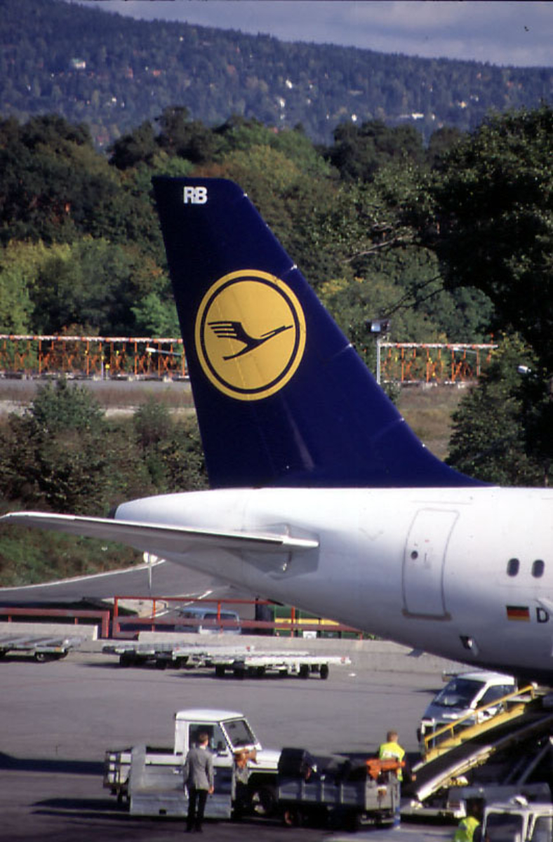 Lufthavn, akterpartiet på 1 fly med logoen til Lufthansa.  3 personer, bakkepersonell, 2 baggasjevogner og 2 kjøretøyer under flyet.