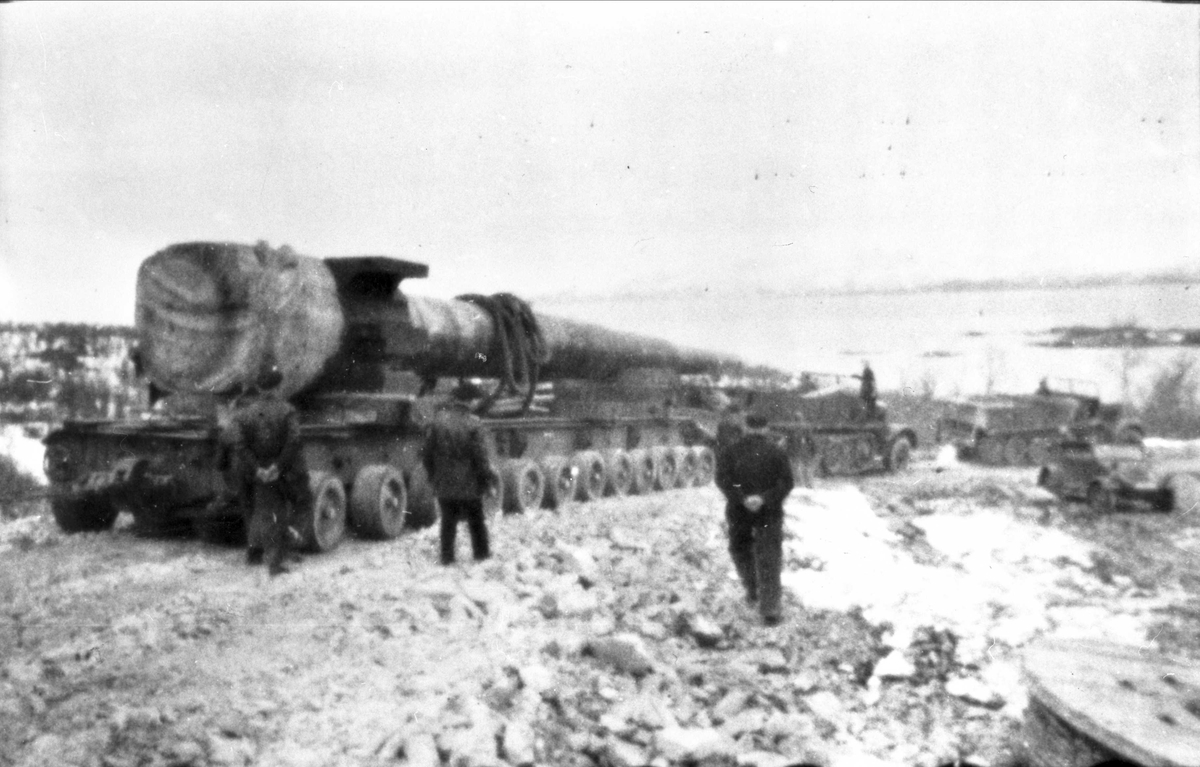 Kanonløpet til en av "Adolfkanonene" trekkes på vogn opp til stillingen på Trondenes. Soldater eller arbeidere i forgrunnen.