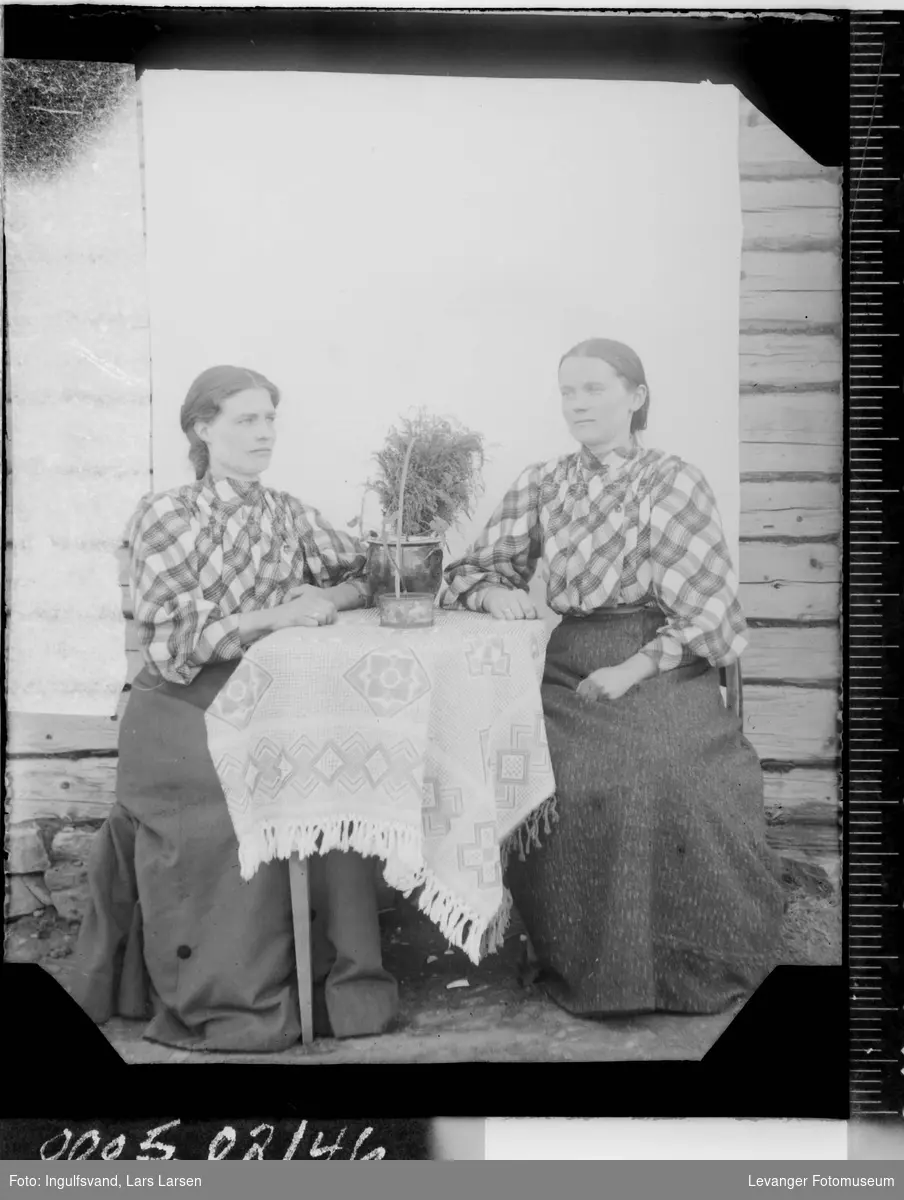 Portrett av to unge kvinner ved et bord.