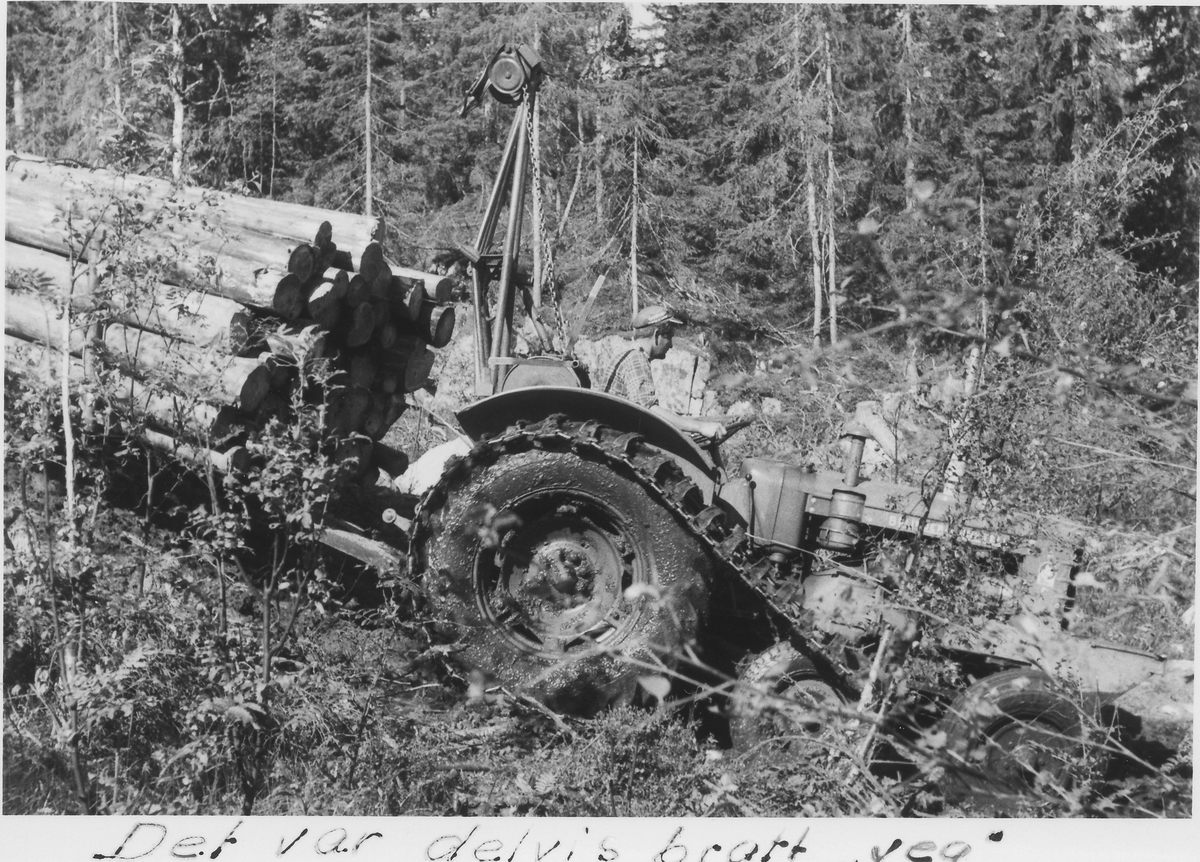 Traktor med tømmerlass i bratt skogsterreng, 1965