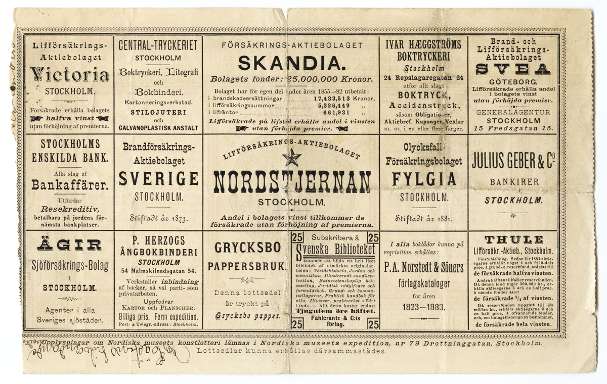 Lottsedel. Nordiska museets konstlotteri 1885. Fram- och baksida.