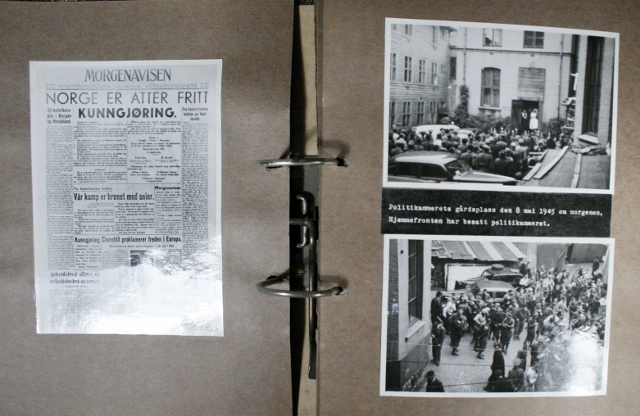 Fotoalbum med bilder og avisklipp fra frigjøringen i Bergen. ca 57 ark med bilder (begge sider)