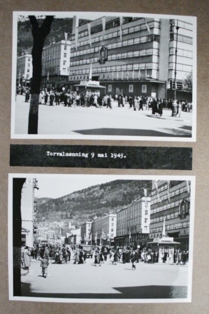 Fotoalbum med bilder og avisklipp fra frigjøringen i Bergen. ca 57 ark med bilder (begge sider)