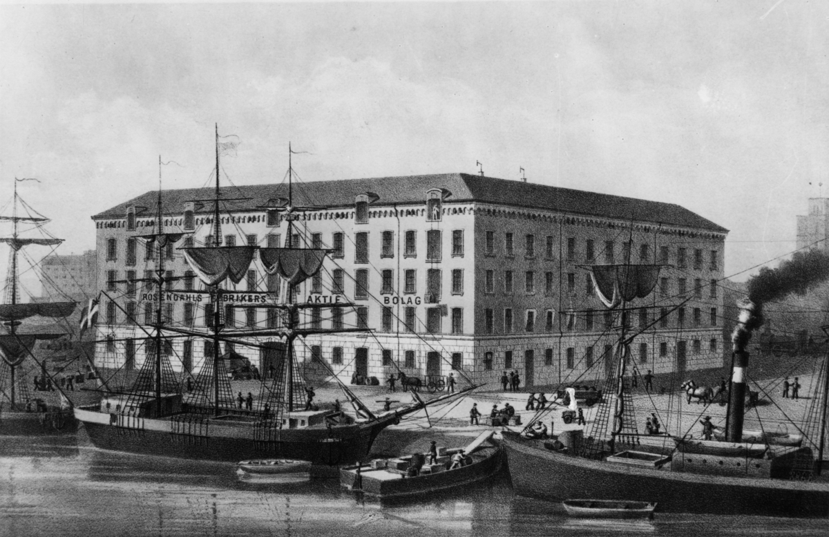 Rosendahls Fabrikers AB:s kontors- och lagerbyggnad i Göteborg. Tonlitografi ur Pabst, Gustaf: "Sveriges Industriella Etablissementer".