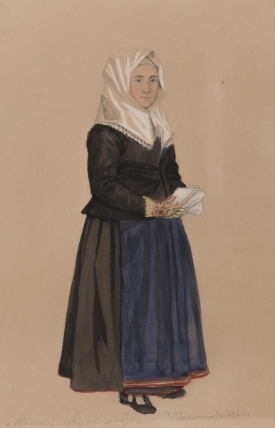 "Malung,  Kyrkdrägt" Kvinna i kyrkdräkt. Akvarell av P Södermark 1850.