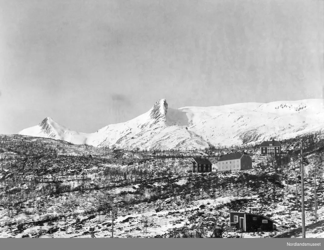 Utsikt fra kontoraltanen i Glomfjord 25.03.1918.Driftsbestyrerbolig,ingeniørbolig samt "gråmessa" vises på bildet