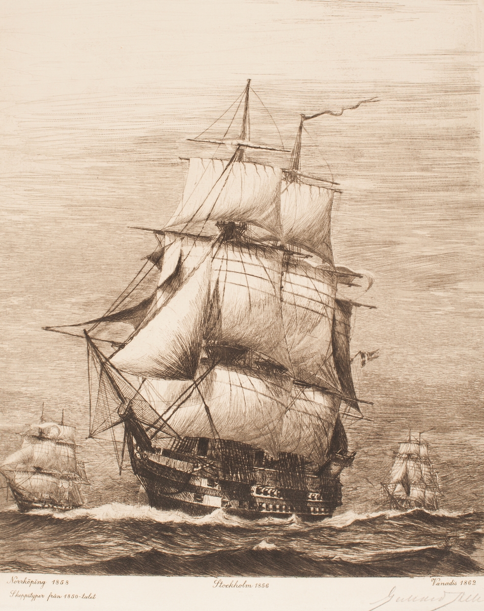 Skeppstyper från 1850-talet, Norrköping 1858, Stockholm 1856, Vanadis 1862.