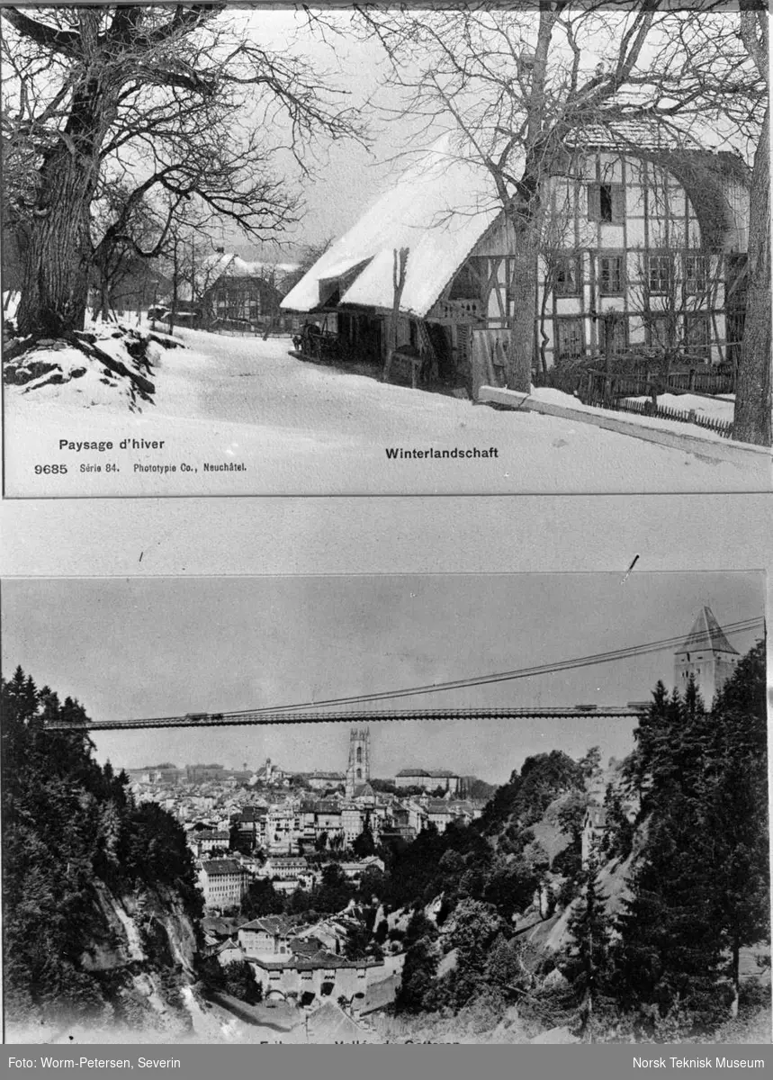 Freibourg i Sveits. Gateparti, vinterlandskap, utsiktsbilde
