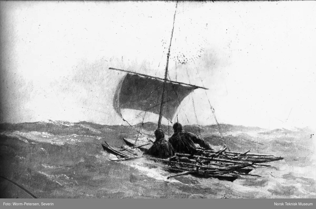 To seilere i liten båt, tegning av Otto Sinding