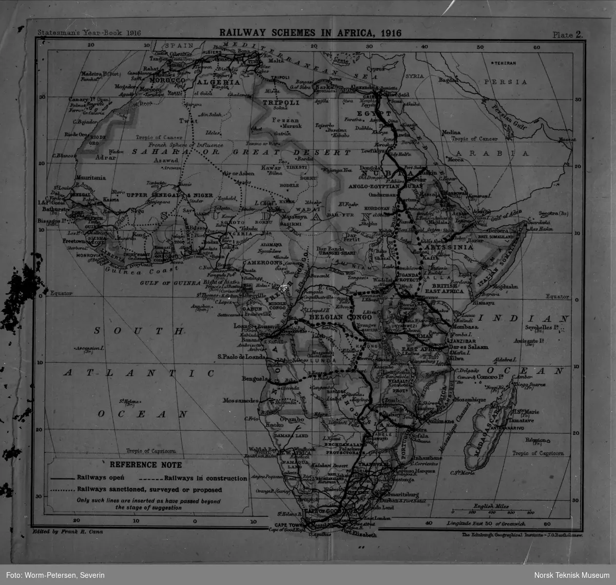 Kart over jernbanelinjer i Afrika 1916