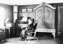 Kvinne foran stort skap. "Interiør fra Bredalslien, Os, Apri