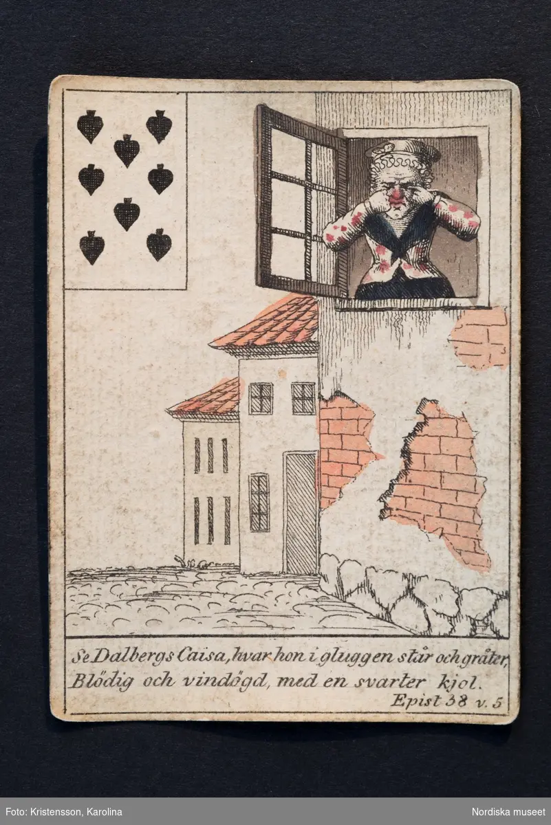Kortlek med 32 kort, med svitmärken i ena hörnet och bilder som föreställer scener ur Fredmans epistlar. Tillhörande fodral av papp.