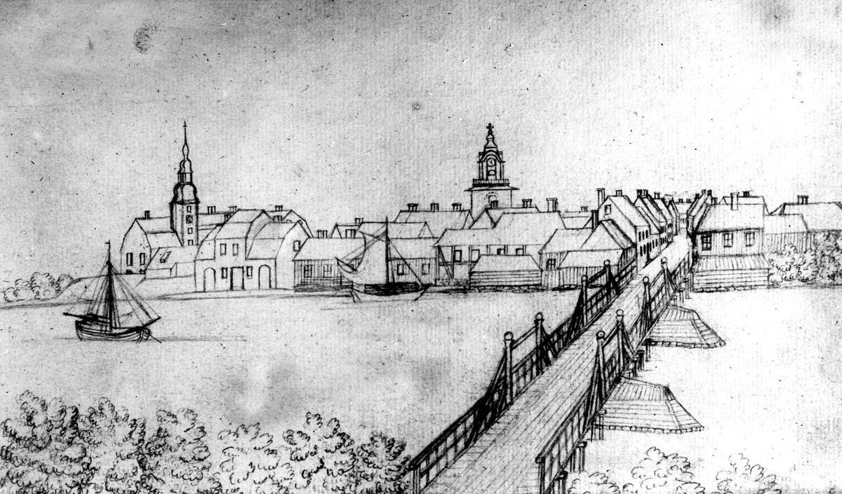 Halmstads historia. Österbro omkring år 1810. Efter en teckning i Hallands museum.