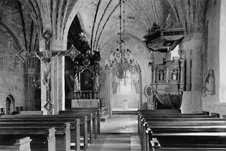 Glanshammars kyrka, interiör.
Bilden tagen för vykort.
Förlag: Bröderna Lindgren.