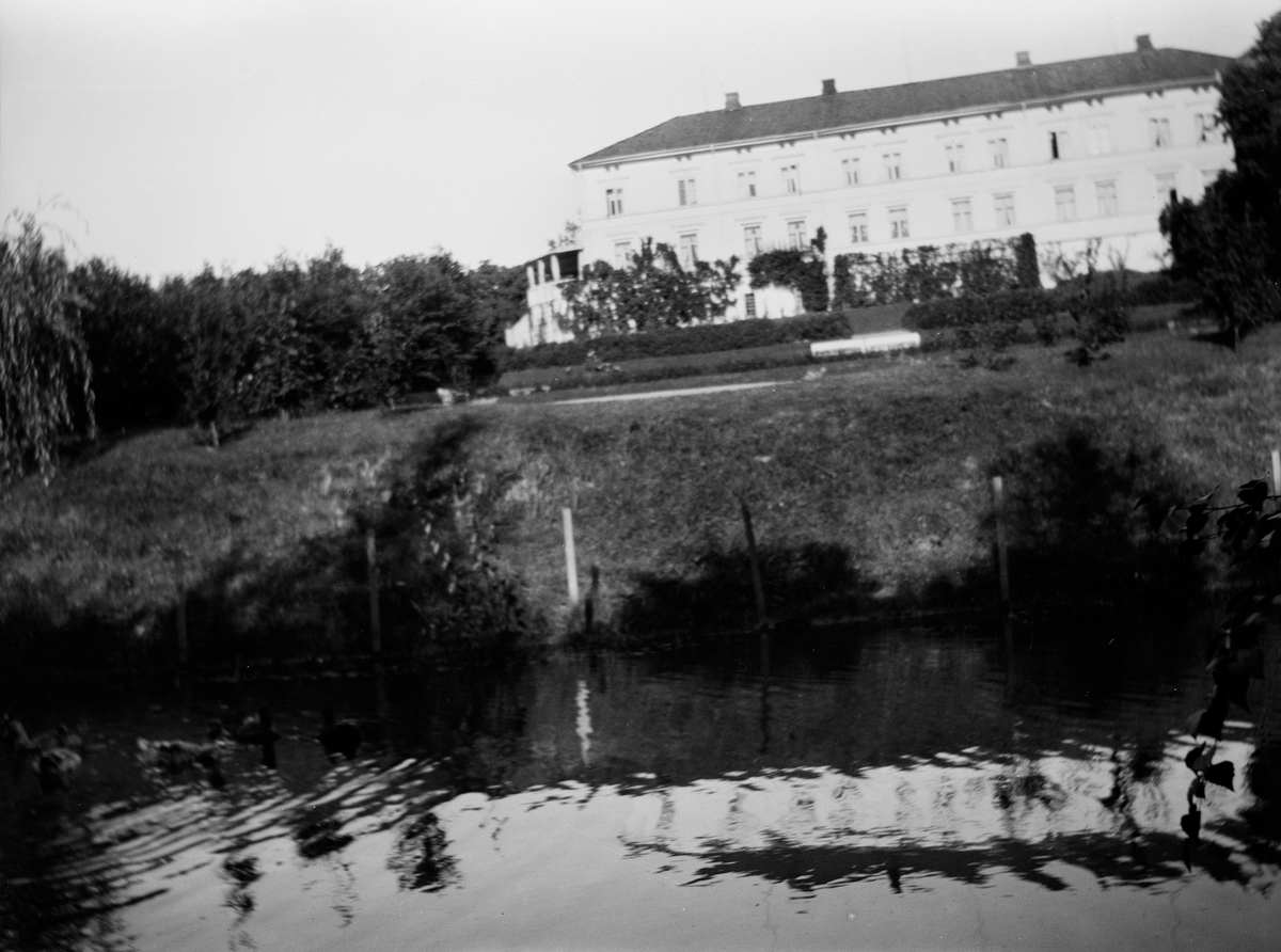 Hagen på Linderud Gård ved sommerstid. Terrassehagen sett fra dammen.