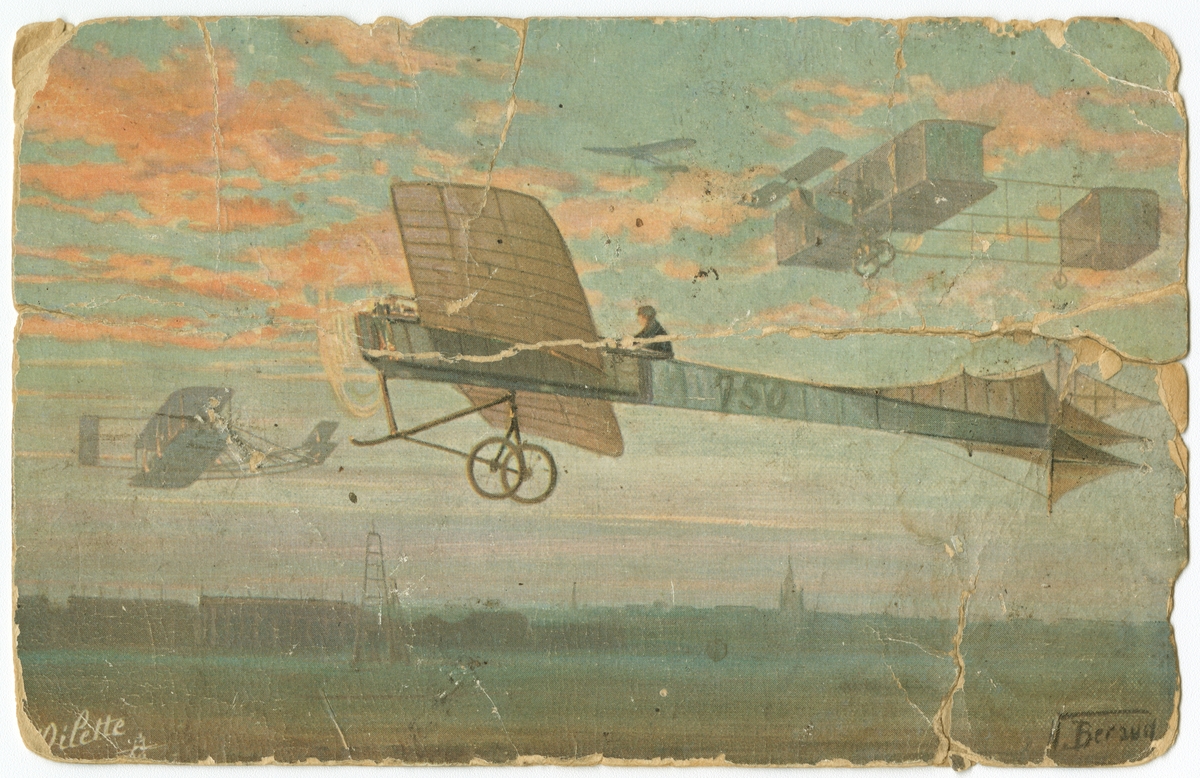 Vykort med motiv av ett tecknat flygplan i luften. Daterat den 4 december 1919 av flygföraren 'Pettersson' på Malmen.