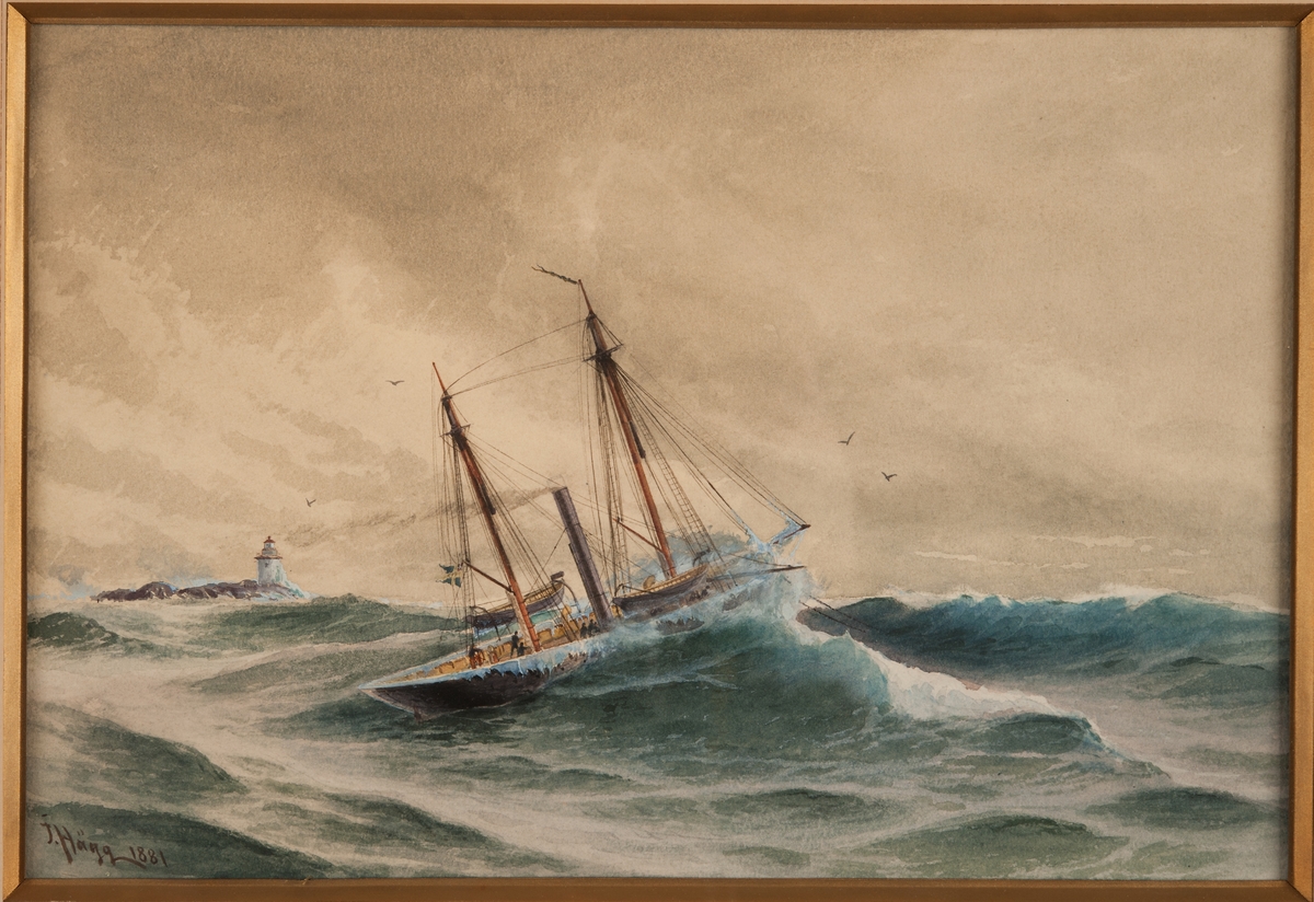 Föreställer kanonbåten Gunhild i storm på Vättern, fraktande kanoner från Motala till Karlsborgt 3 dec 1864.