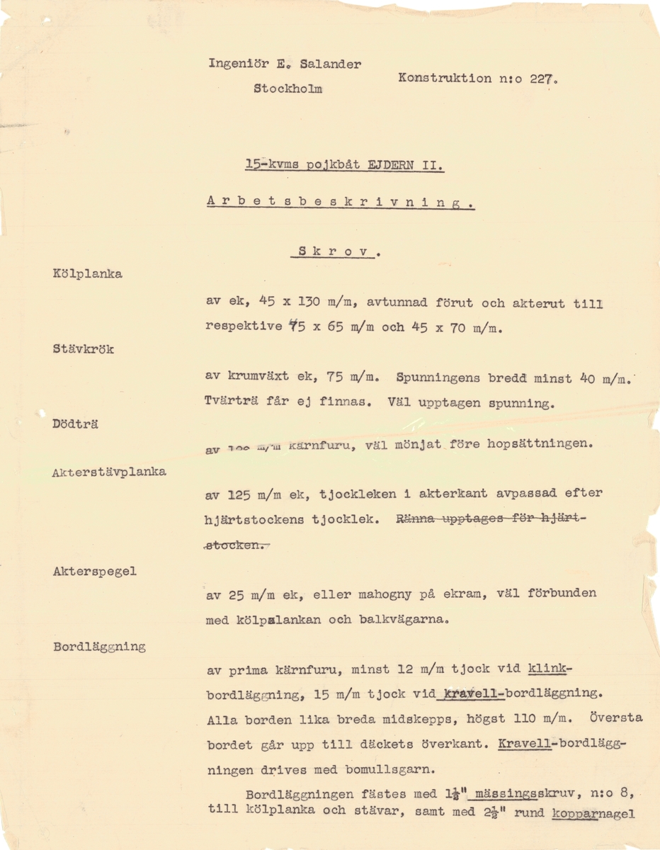 Flertal dokument: Utrustningslista, arbetsbeskrivning samt specifikation för båten (på engelska).

EJDERN, 15 kvm pojkbåt ritad av Erik Salander 1926.
