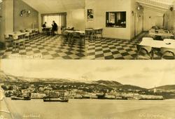 Postkort med bilde av interiør i Kaikafeen på Sortland (øver