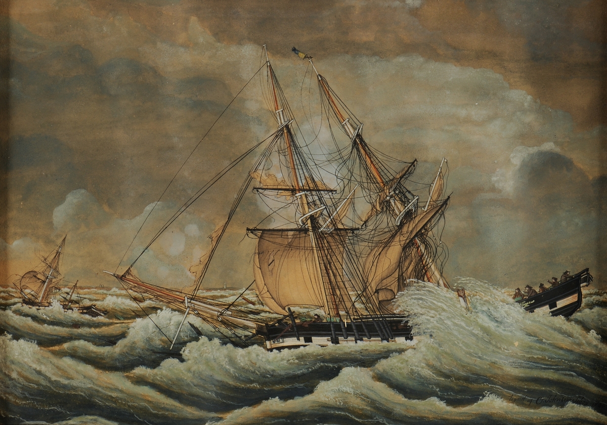 "Briggen Gustafs skeppsbrott vid Berks i Engelska Canalen den 23 october 1835". Fartyget har kommit in i grundbrotten och en sjö bryter in över däcket midskepps. Stormasten faller över bord. Sign. "Tegnet af 0. Johnsen Seböij, 1836."