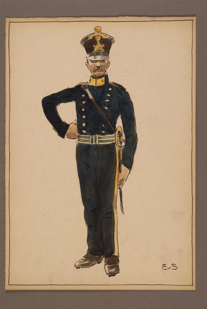 Plansch med uniform för tygstatskompaniet vid Svea regemente, ritad av Einar von Strokirch.