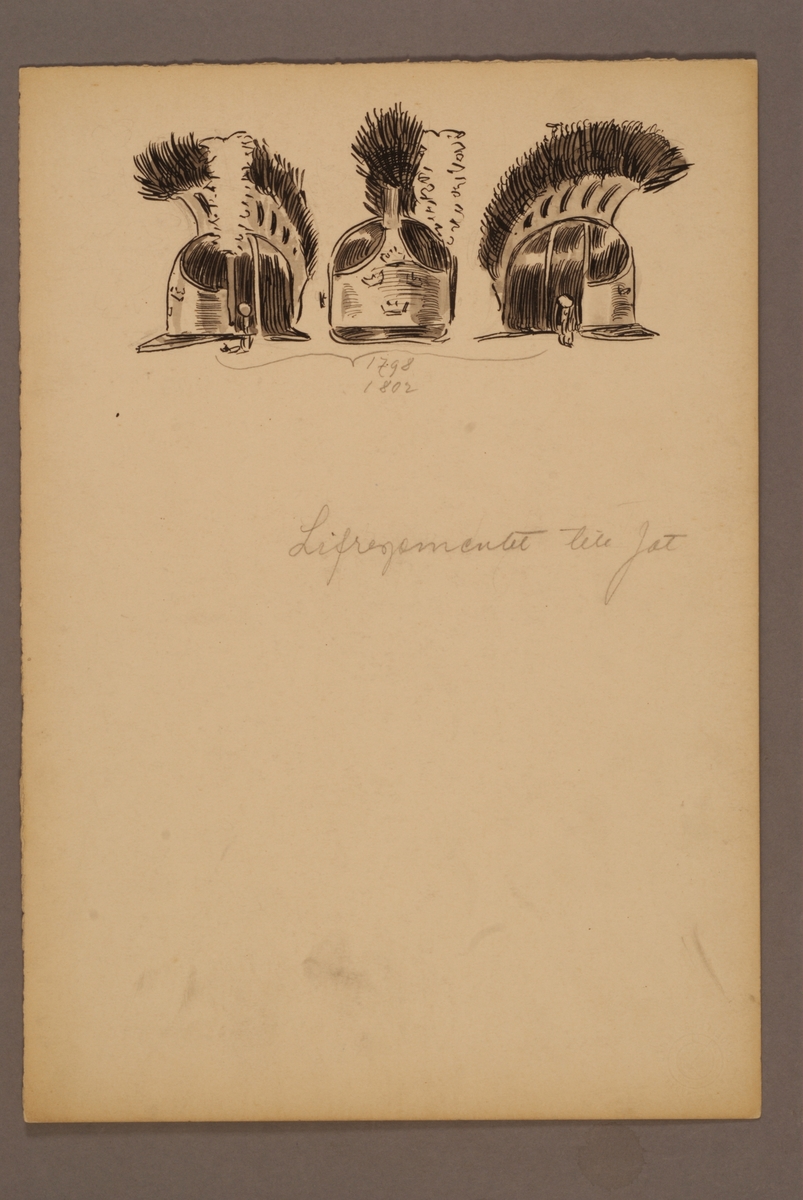 Plansch med huvudbonader för Livregementet till fot för åren 1798-1802, ritad av Einar von Strokirch.