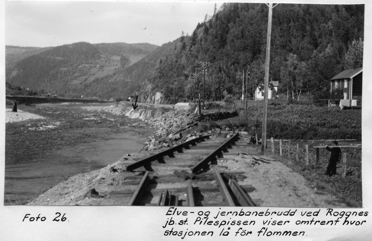 Elve- og jernbanebrudd ved Roggnes jernbanestasjon. Pilspissen viser omtrent hvor stasjonen lå før flommen...Flom Gaula (24.08.1940)