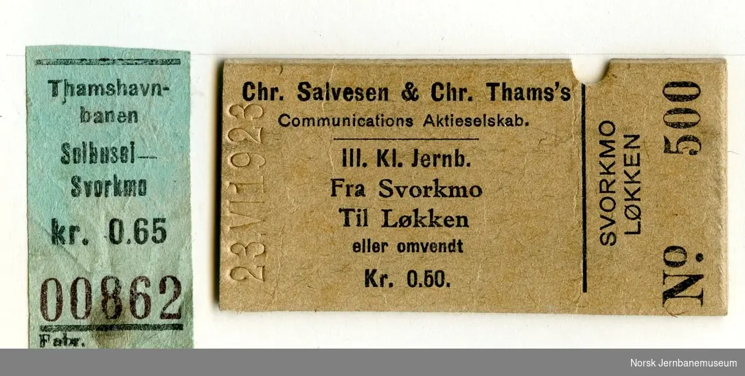 To billetter fra Thamshavnbanen, rullebillett Solbusøi-Svorkmo og edmondsonsk billett Svorkmo-Løkken