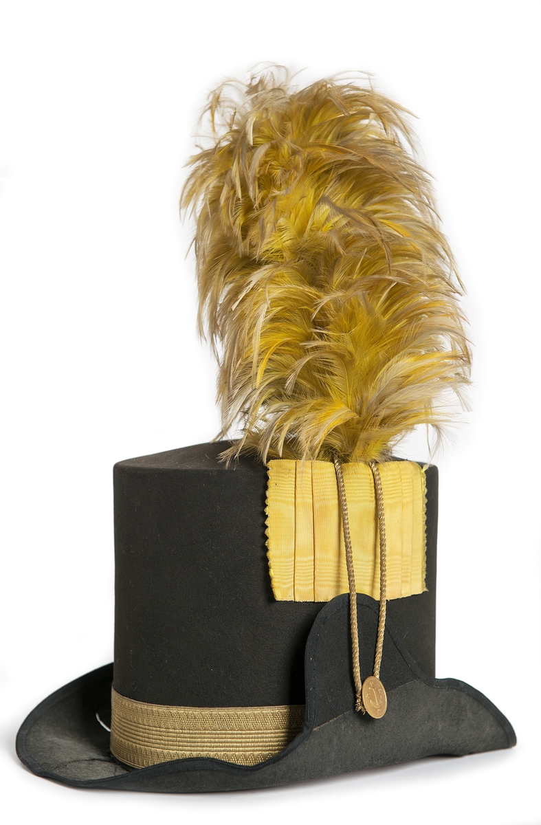 Hatt med plym. Cylinderformad av svart kläde med smal brätte, uppvikt på högra sidan för knapp och guldträns till gult sidenband. Fodrad med mörkrött siden, röd svettrem, bred guldgalon runt hatten. Plym av gula hönsfjädrar.