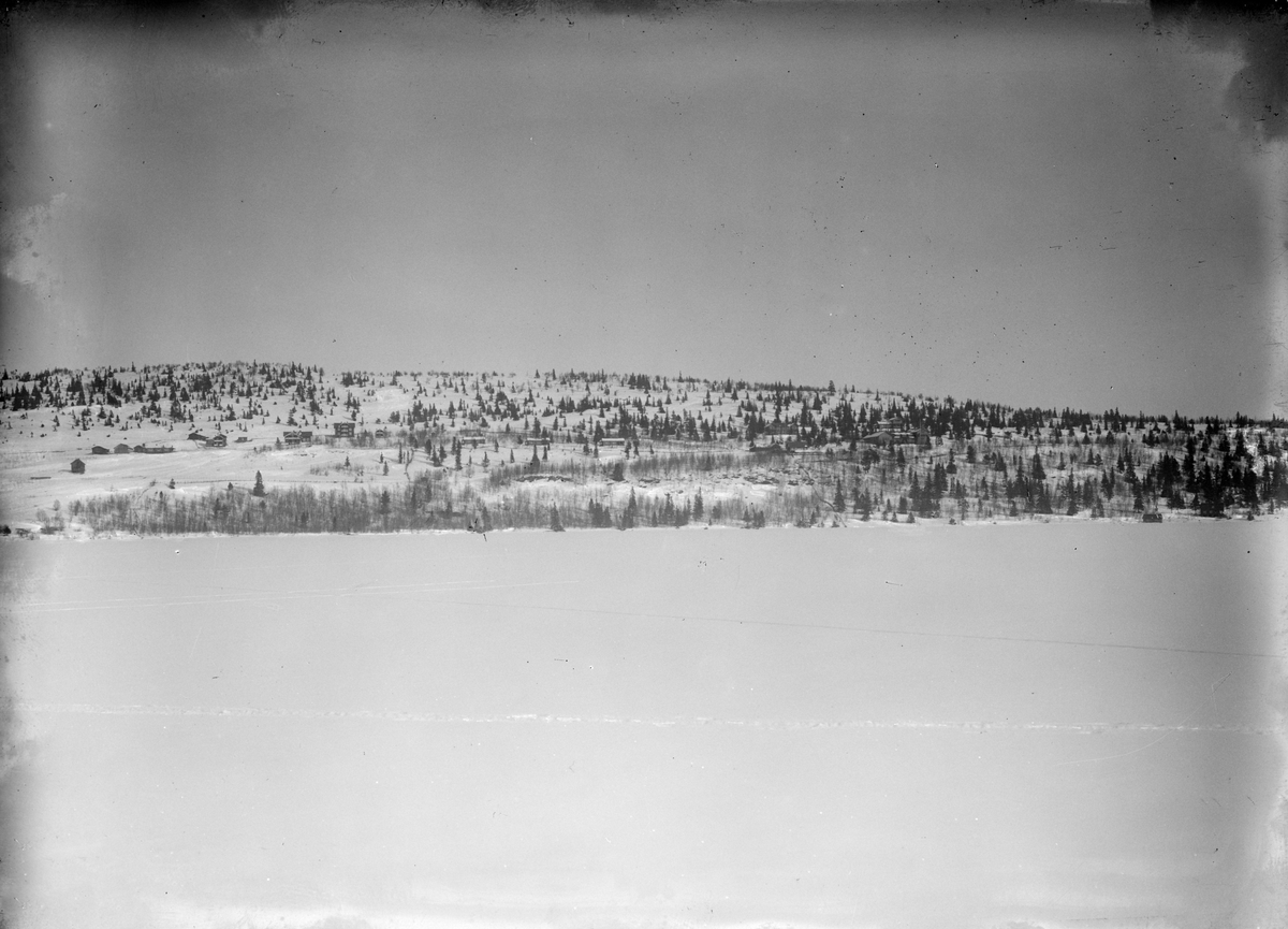 Fefor, Panorama set fra vandet, 12.03.1914, fjell, vinter, islagt vann, hytter, grantrær