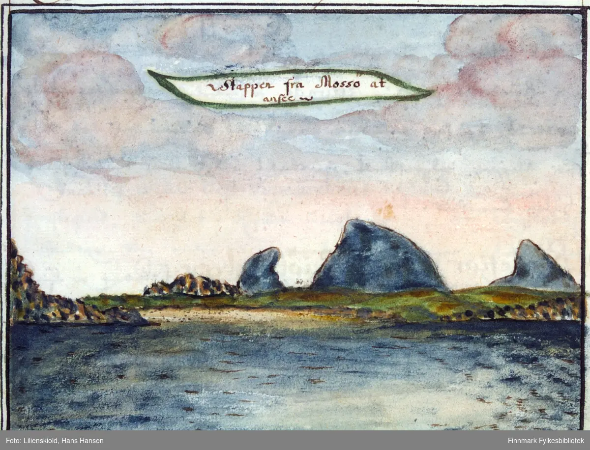 Stappen fra MossÃ¶ at ansee. Utsikt mot de karakteristiske fjellformasjonene Stappene fra Måsøy