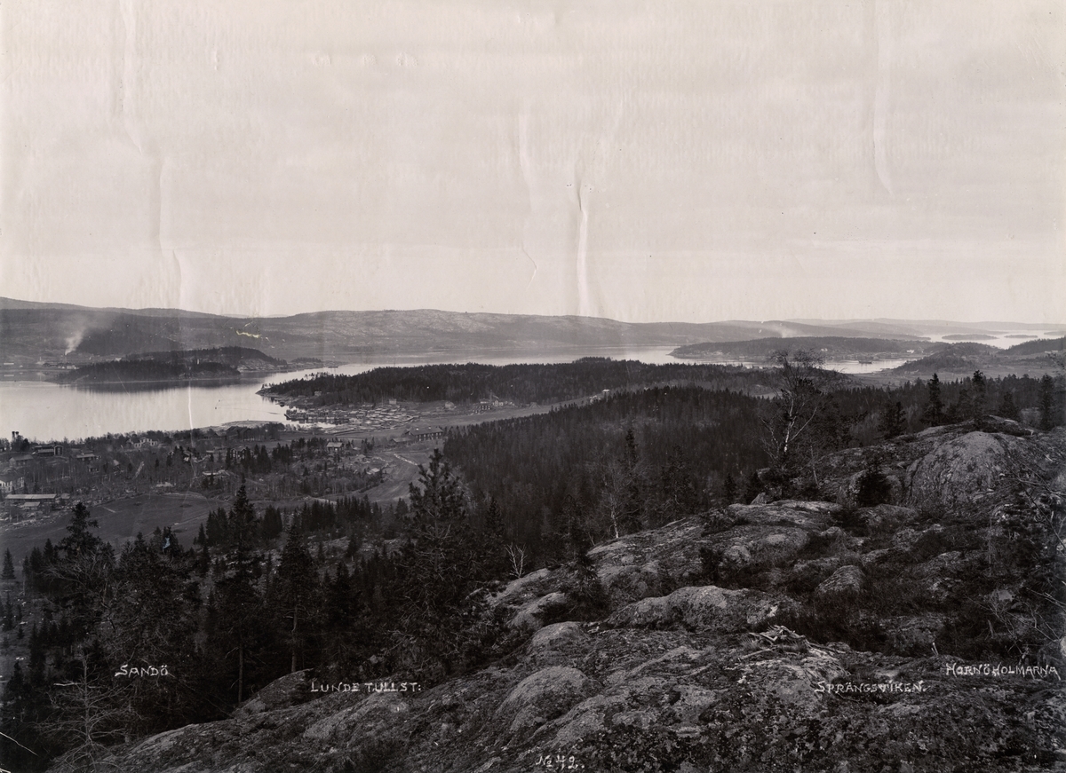 Panorama över Ångermanälven 1898. Med omgivning: Sandö - Lunde tullst: - Sprängsviken - Hornöholmarna.