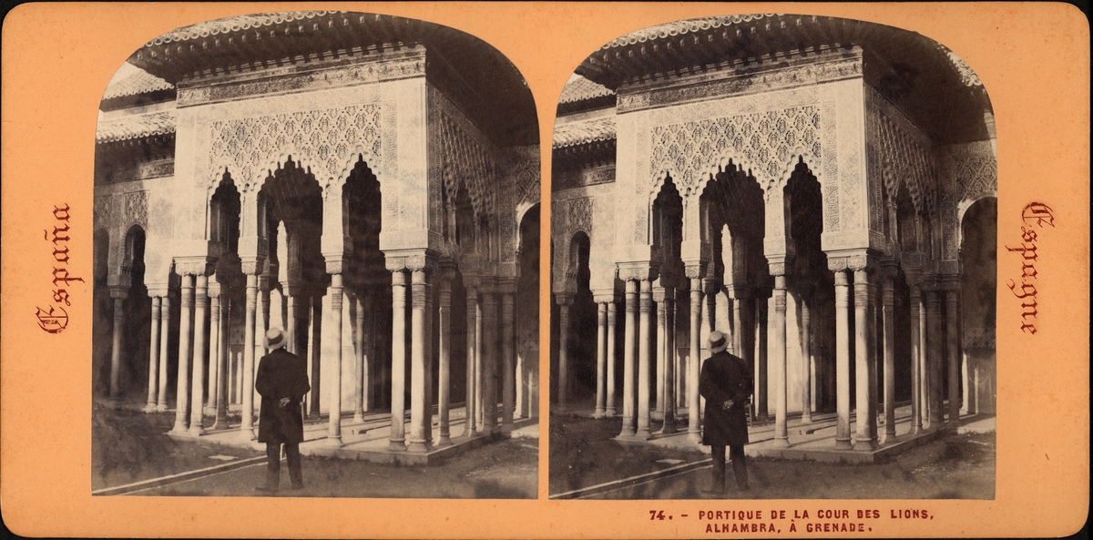 Stereobild av man framför palatset i Alhambra.