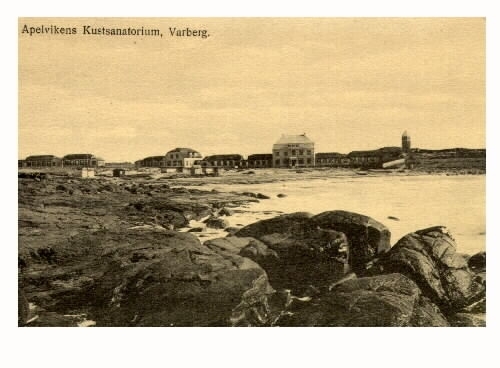 Vykort, "Apelvikens Kustsanatorium, Varberg." Utsikt från klipphällarna via stranden mot sanatoriet. Till höger står ett vattentorn.