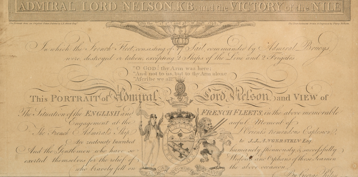 Kopparstick i samtida förgylld ram med glas föreställande "Admiral Lord Nelson KB and the Victory of the Nile" 1798. Gravyr av Piercy Roberts. Porträttet efter Abbotts målning.