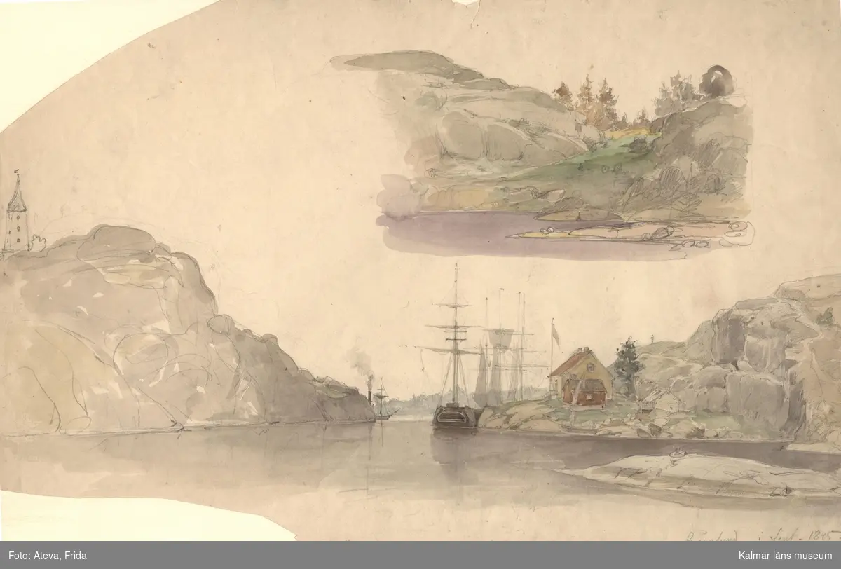 Spårösund med tullstugan samt segelfartyg, däromkring berg på ömse sidor. Uppe på berget till vänster syns Spårö båk.